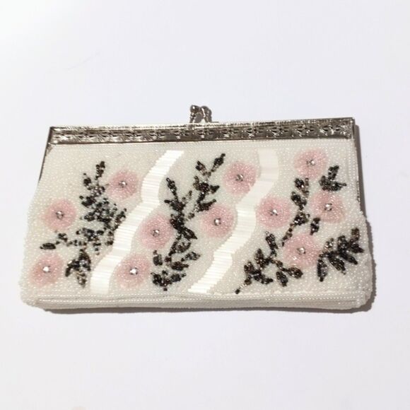 Vintage Handbags - Vintage White Pink Floral Beaded Rhinestone Evening Clutch Bag Purse